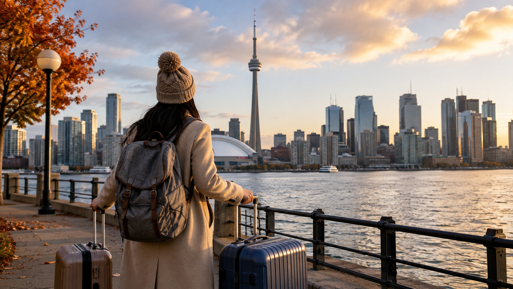 Newcomer arriving in Canada with luggage overlooking the Toronto skyline