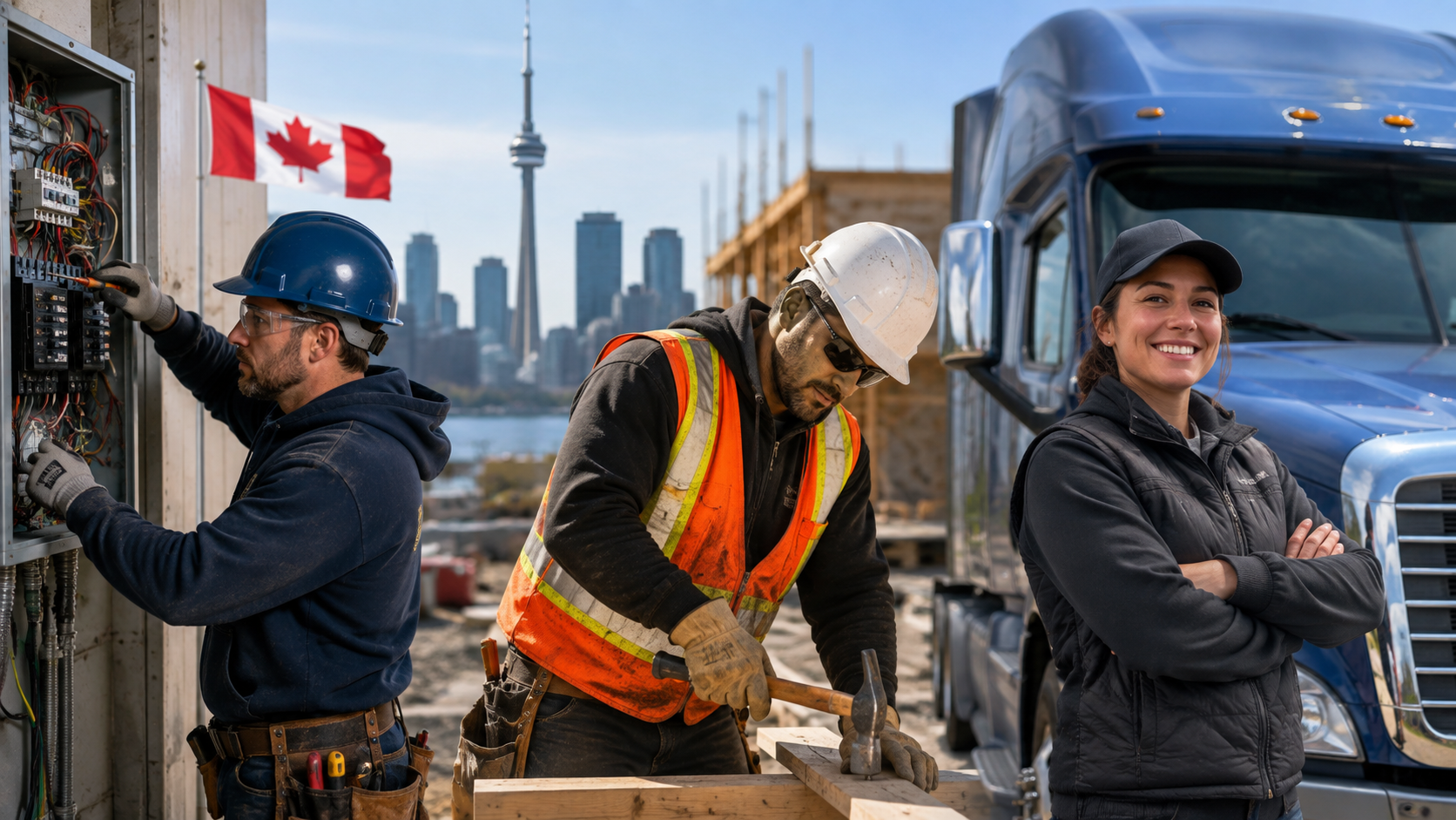 Skilled workers in Canada including an electrician, construction worker and truck driver