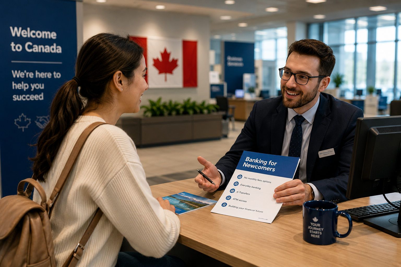 Newcomer speaking with a bank advisor about opening a bank account in Canada