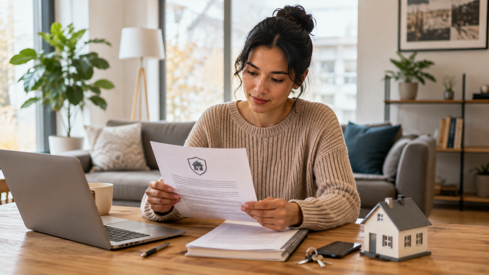 Renter reviewing tenant insurance documents in a Canadian apartment