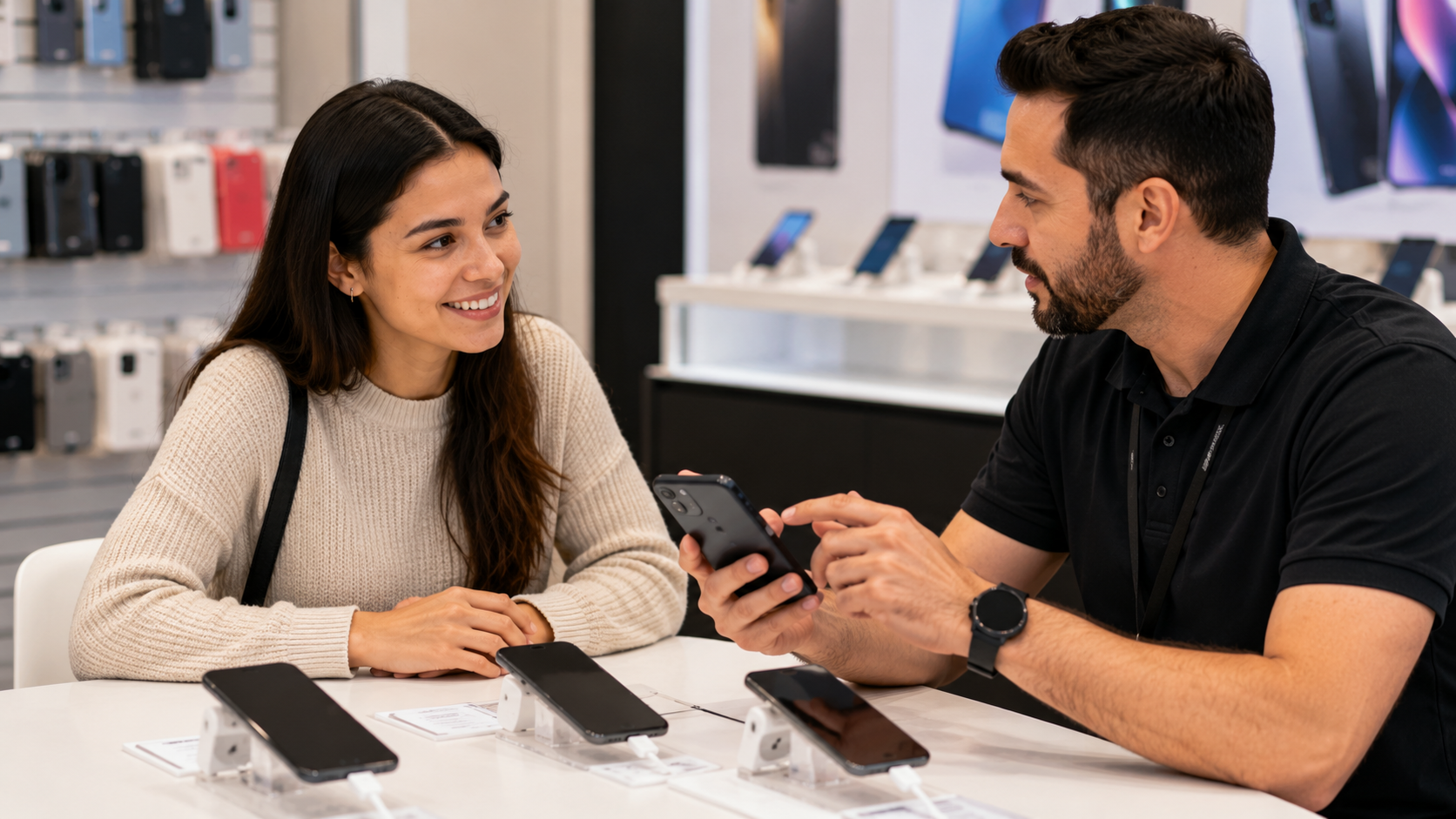 Newcomer choosing a cell phone plan at a mobile store in Canada