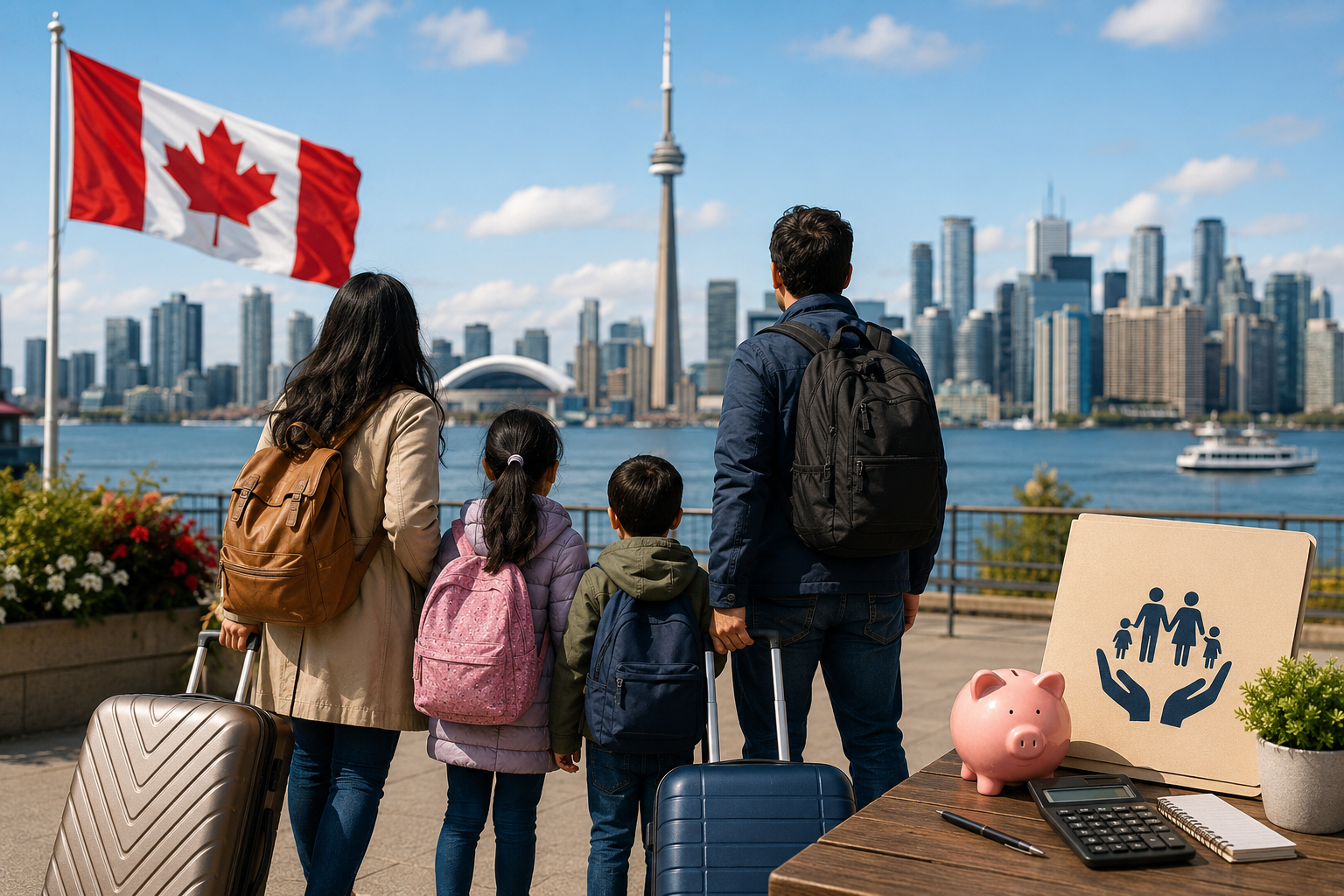Newcomer family arriving in Canada with luggage, representing financial benefits and support for newcomers in 2026
