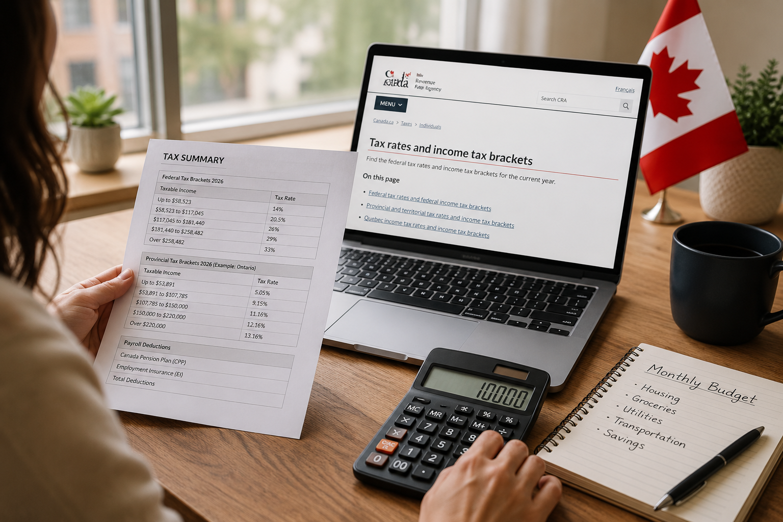 Person reviewing Canadian income tax rates and calculating payroll deductions at a desk