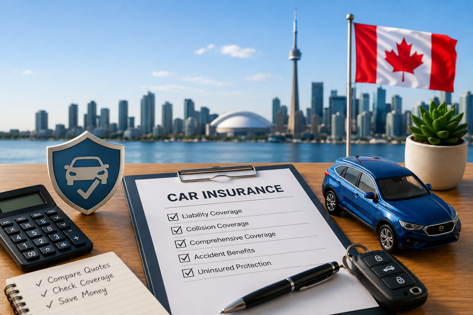 Car insurance in Canada for newcomers with vehicle, insurance coverage checklist and Canadian flag