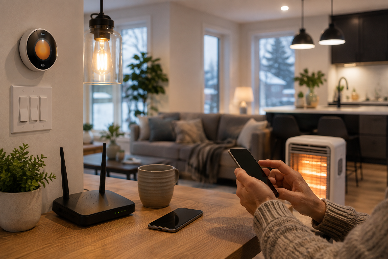 Modern Canadian home showing heating, electricity, internet router and smartphone