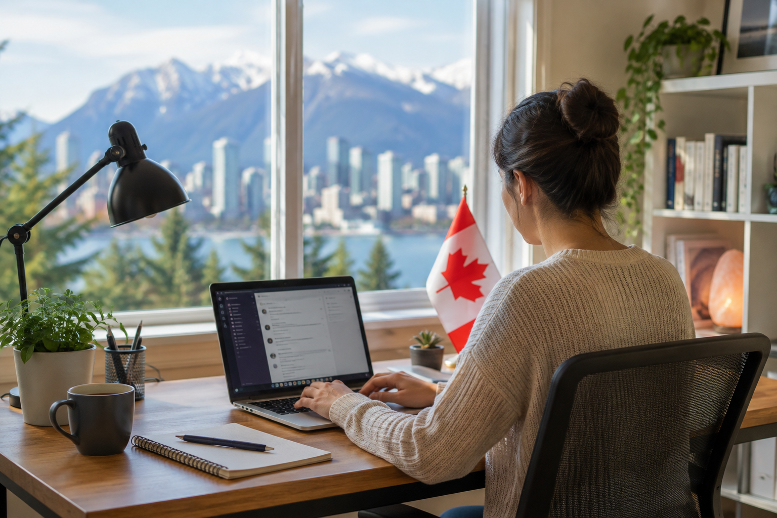 Woman working remotely from home on a laptop in Canada