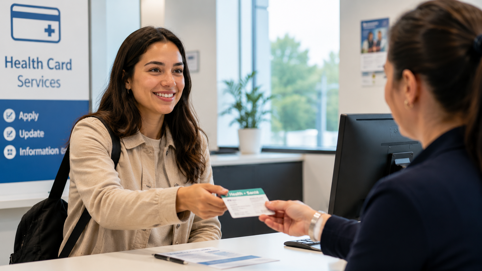 Newcomer applying for a health card at a service office in Canada