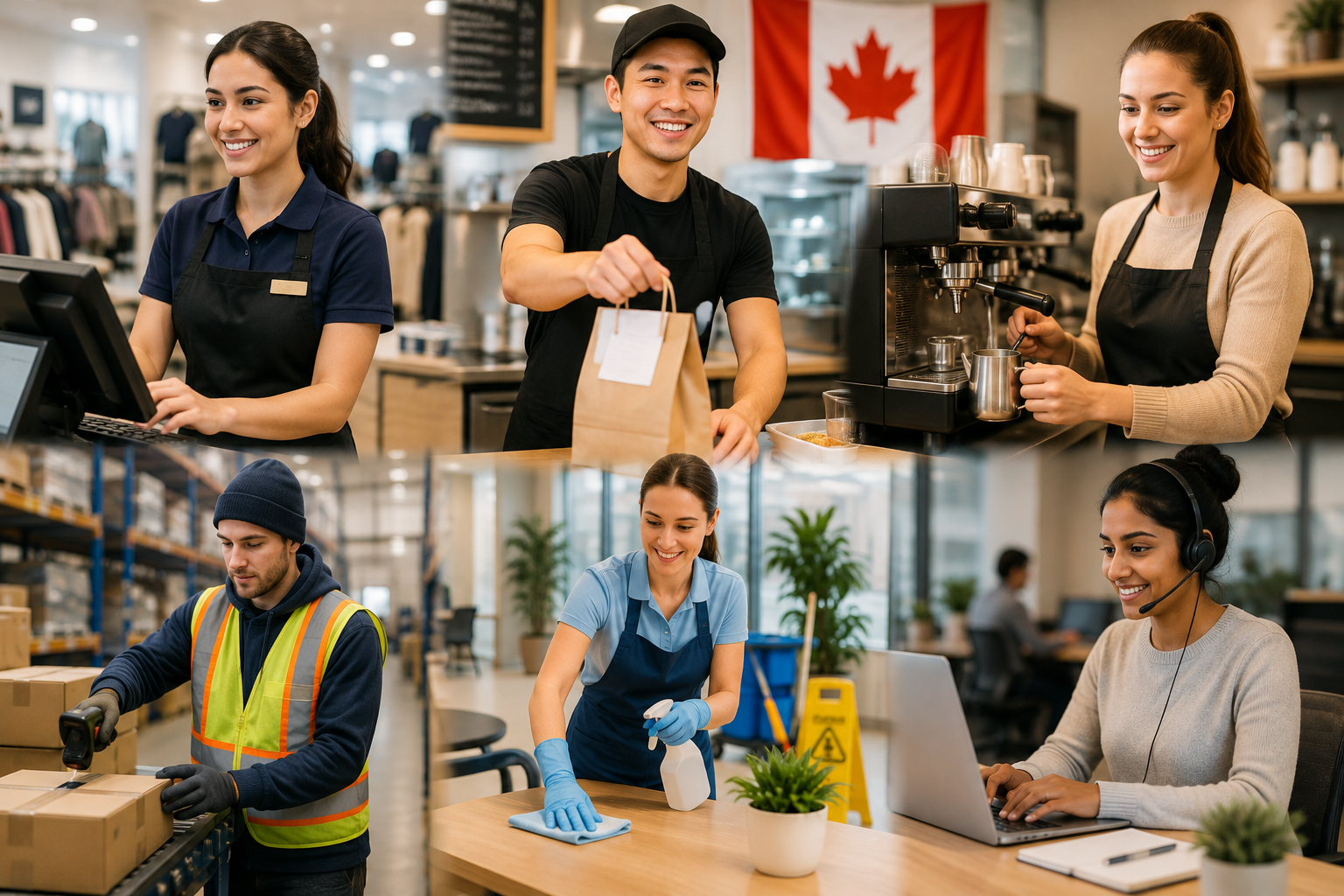 Workers in different part-time jobs in Canada including retail, food service, warehouse and customer support