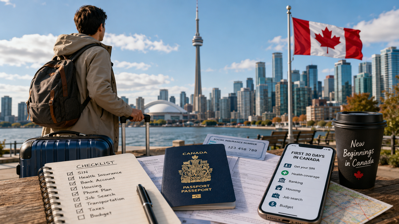 Newcomer arriving in Canada with luggage, documents and a first 30 days checklist