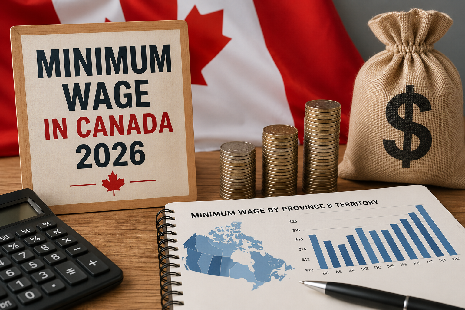 Minimum wage in Canada 2026 with Canadian flag, coins and wage comparison