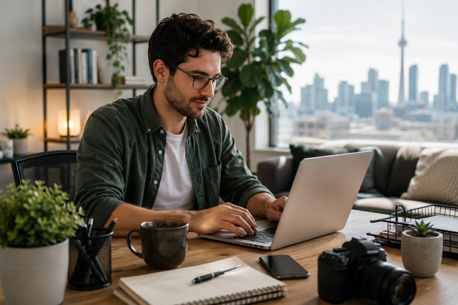 Freelancer working on a laptop from home in Canada