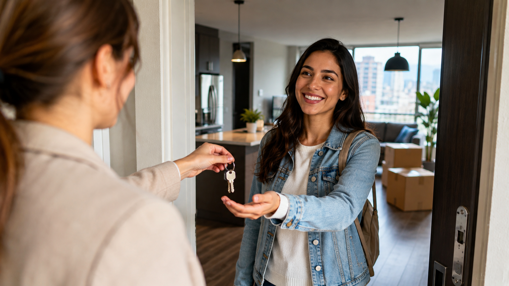 Newcomer receiving keys to a rented apartment in Canada