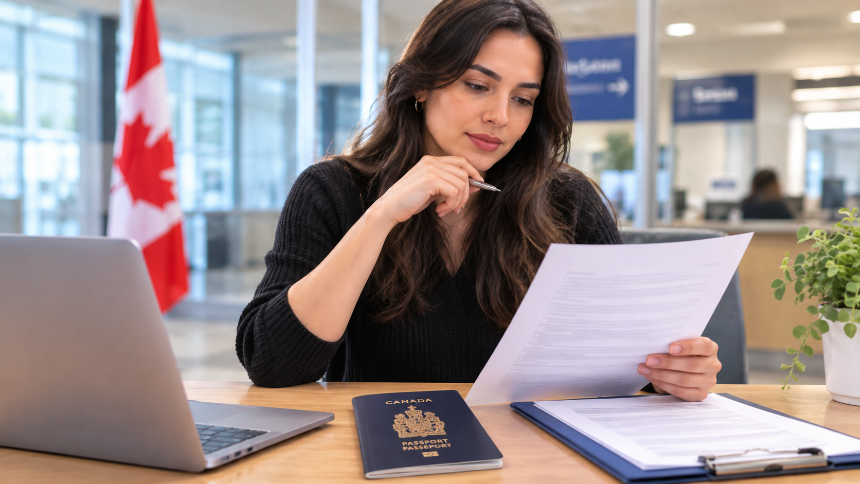 Newcomer reviewing documents for government photo ID in Canada