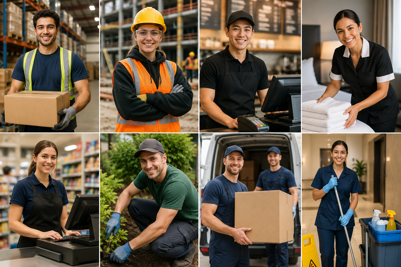 Workers in entry-level jobs in Canada including warehouse, construction, retail, hospitality and cleaning roles