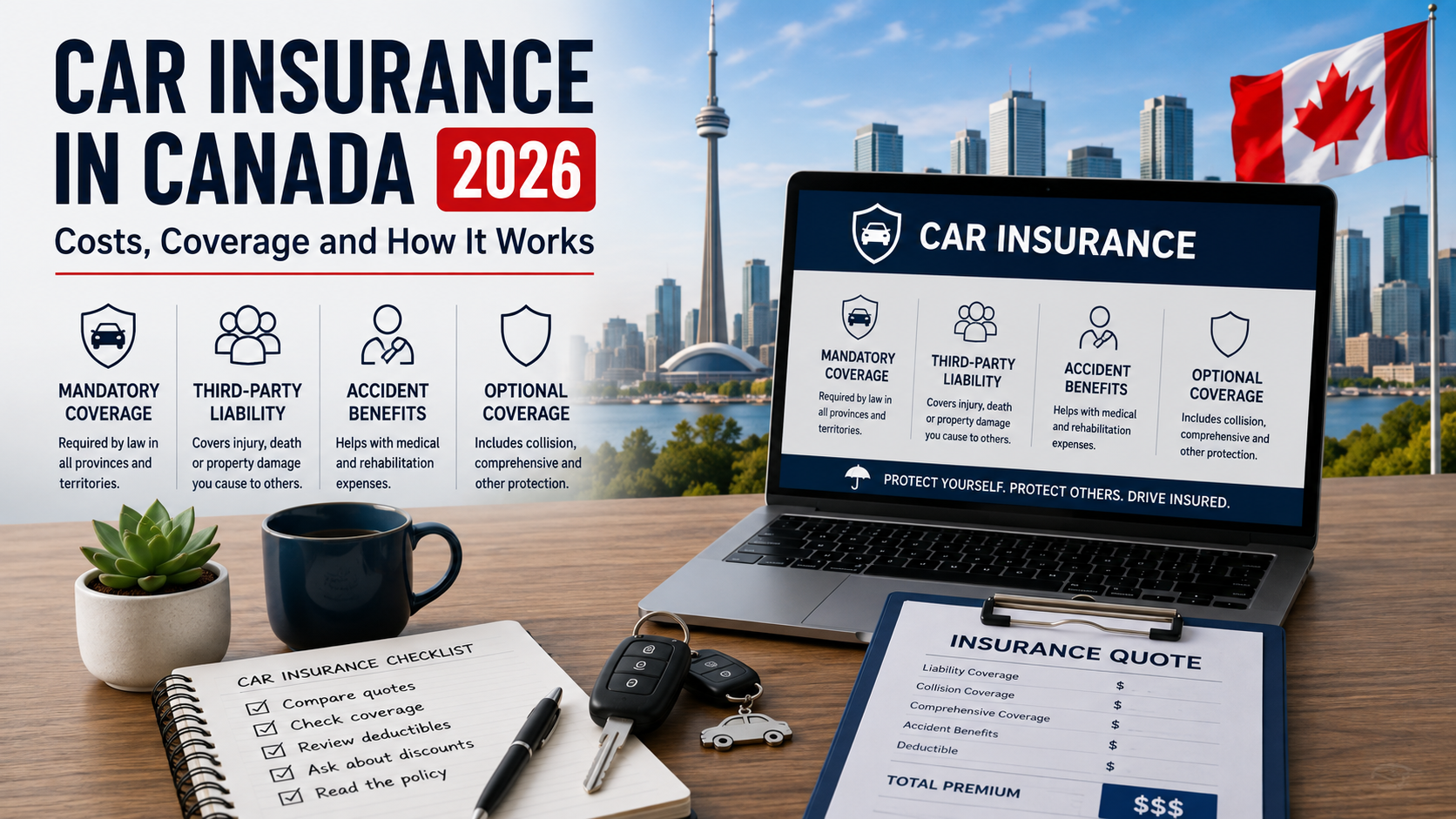 Car insurance planning in Canada with vehicle keys, insurance documents and Canadian city background