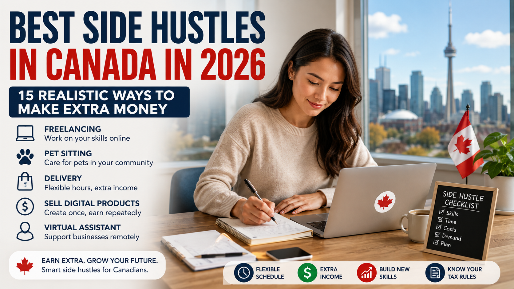 Side hustles in Canada in 2026 with a Canadian worker planning ways to earn extra income